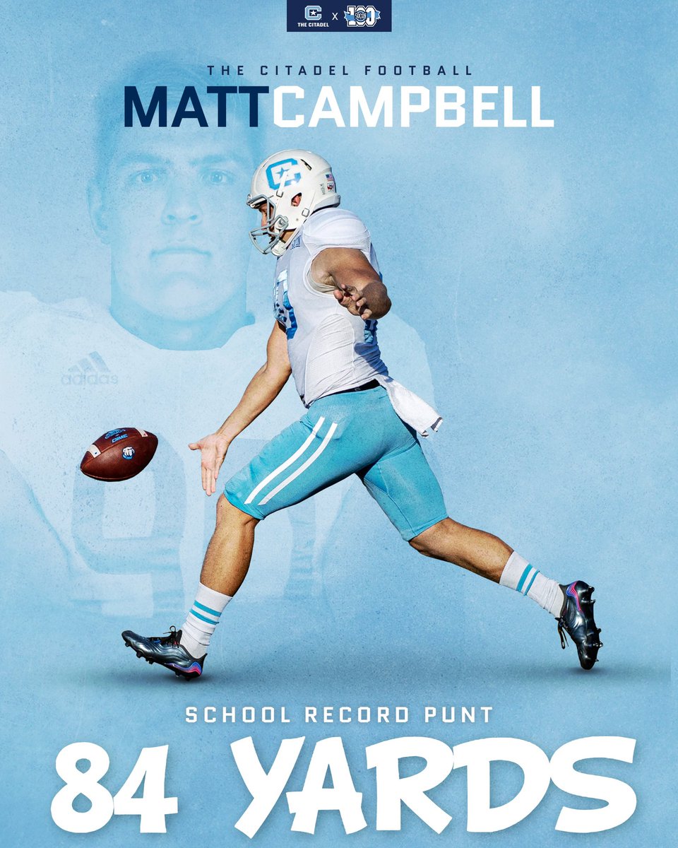 CitadelFootball's tweet photo. Record Breaker!

@MC91P set a new school record with an 84 yard punt against ETSU. 

#FireThoseCannons x #ForTheBrand https://t.co/y5xlA5BpSB