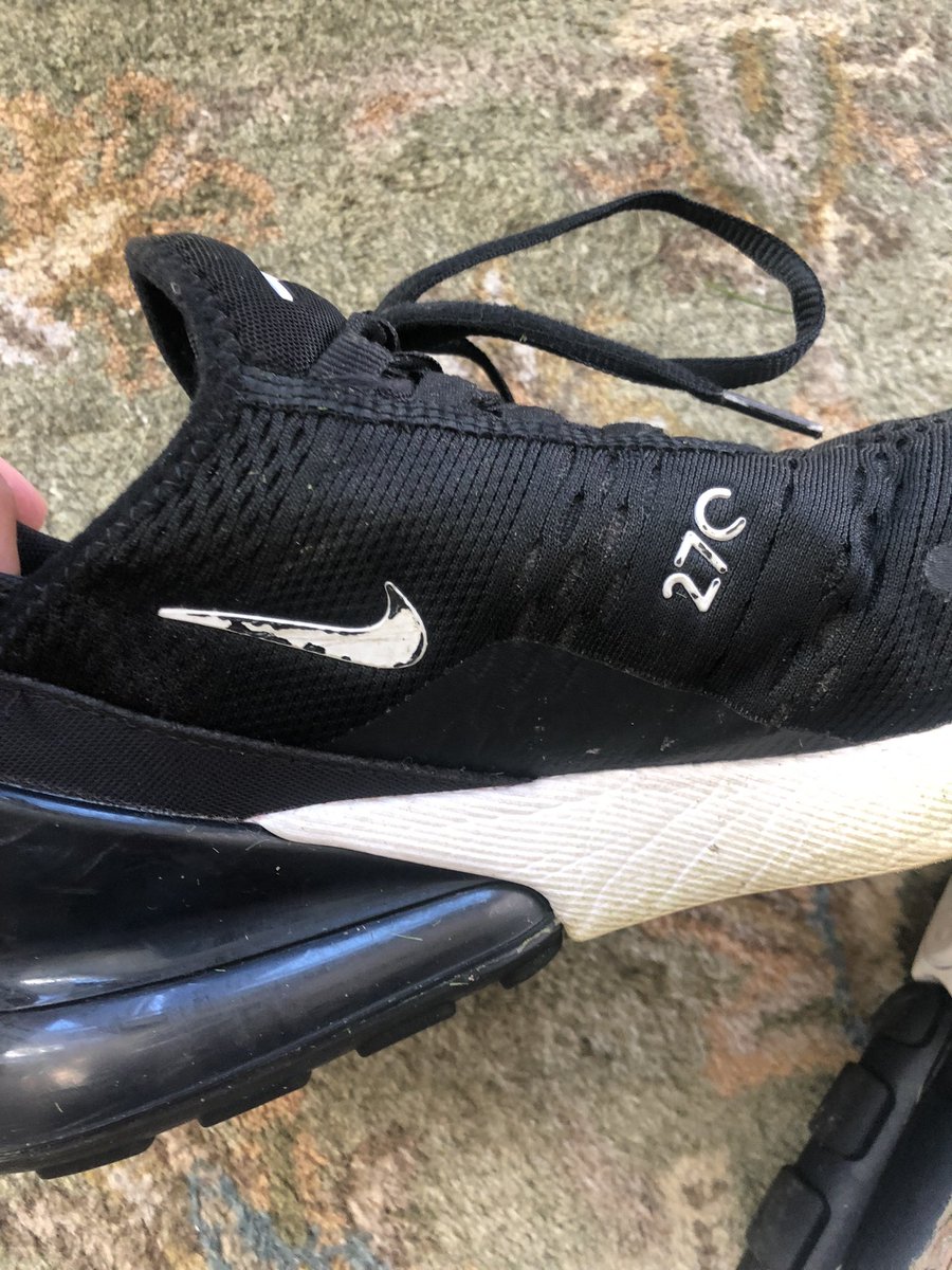 hhs_sampson's tweet photo. Where is the quality?  My son received these on 9/10 and 1 month later they look like this @nikestore @DICKS $149 and the decals come off in 30 days?? https://t.co/VecA6fIVh2