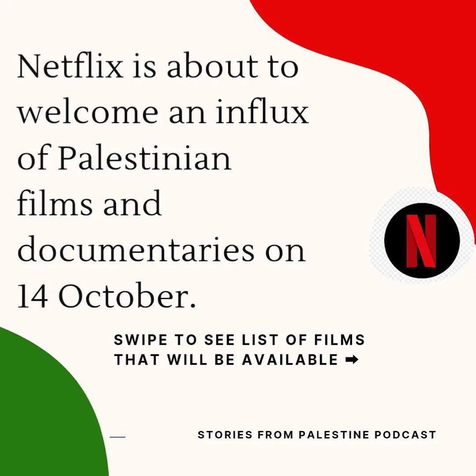 lsarsour's tweet photo. New Palestinian films and documentaries on Netflix beginning October 14th.

Educate yourself. Learn about the Palestinian experience. https://t.co/tbxL0nddtx