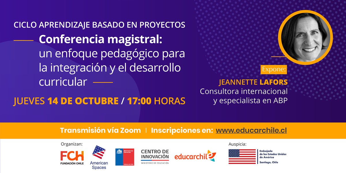 📌 ¡Nueva charla #gratuita sobre #ABP! 
Jeannette LaFors (<a href="/jlafors/">Jeannette LaFors</a>), consultora y especialista en Aprendizaje Basado en Proyectos, entregará orientaciones en jornada denominada: “Un enfoque pedagógico para la integración y desarrollo curricular”.
✍🏼 bit.ly/3mpRESy