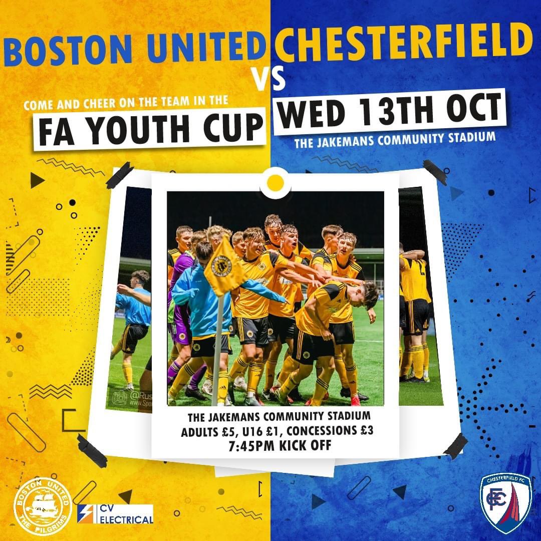 🏆 FA YOUTH CUP this week as BUFC welcomes 
<a href="/ChesterfieldFC/">Chesterfield FC</a> to the Jakemans Community Stadium on Wednesday evening (KO 7.45pm). 

Supporters welcome; get tickets now!
🎟 (£5/£3/£1): bostonunitedfc.ktckts.com

📸 <a href="/RussellDossett/">@RussellDossett ©🇬🇧📸 SportsPictures.Online</a>