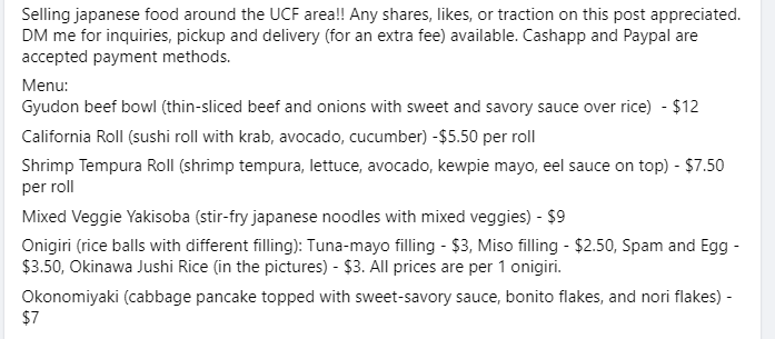 _wenjing's tweet photo. Going through financial hardship so I'm starting to sell food right now. If anyone in the Orlando (UCF) area is interested please DM me :)

Any likes/shares are extremely helpful! https://t.co/otlU1OusJi