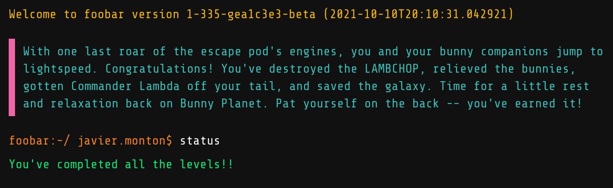 javier_monton's tweet photo. Some days ago I suddenly got an invitation to the #GoogleFooBar challenge, I just finished and I enjoyed it a lot! https://t.co/Yio3TUdFyY