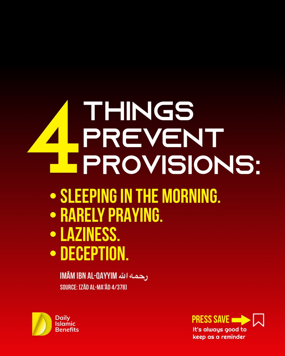SalafiEvent's tweet photo. 4 Things Prevent Provisions. #wealth #money #sleep #prayer #laziness #deception https://t.co/ZrQiTbgmfi