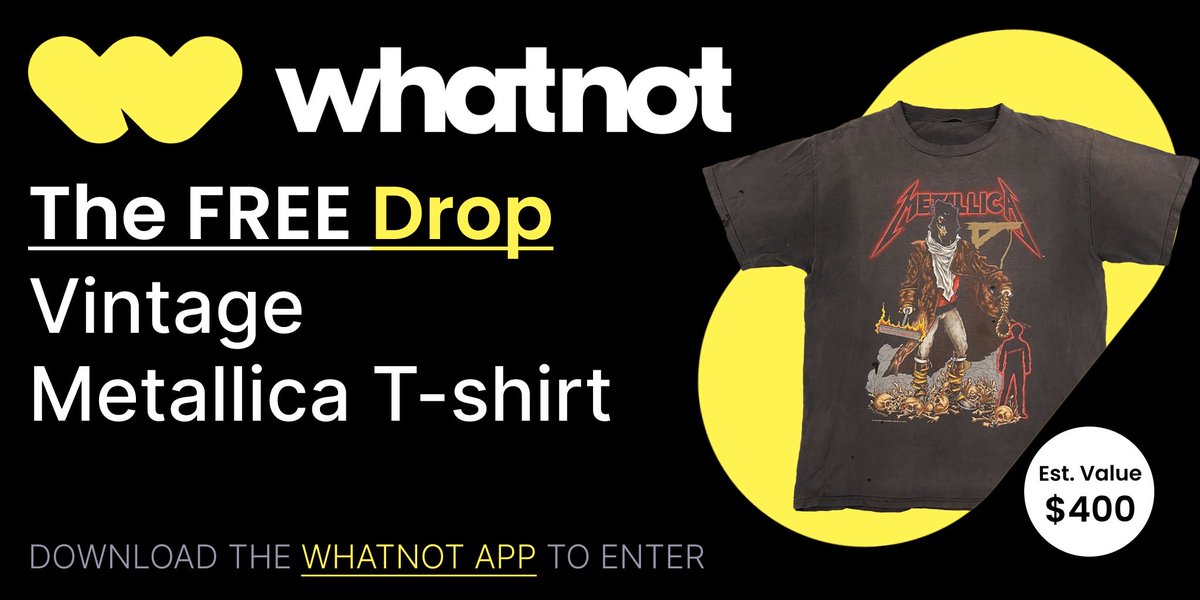 BigStopes's tweet photo. You can win a FREE vintage #Metallica t-shirt (valued at $400) by entering the Drop on the Whatnot app! The Drop closes on 10/13.
Download the Whatnot app to enter: https://t.co/TPehtAQDPL
#whatnotdrop #giveaway #vintageclothing #fashion https://t.co/fKLff3rZlL