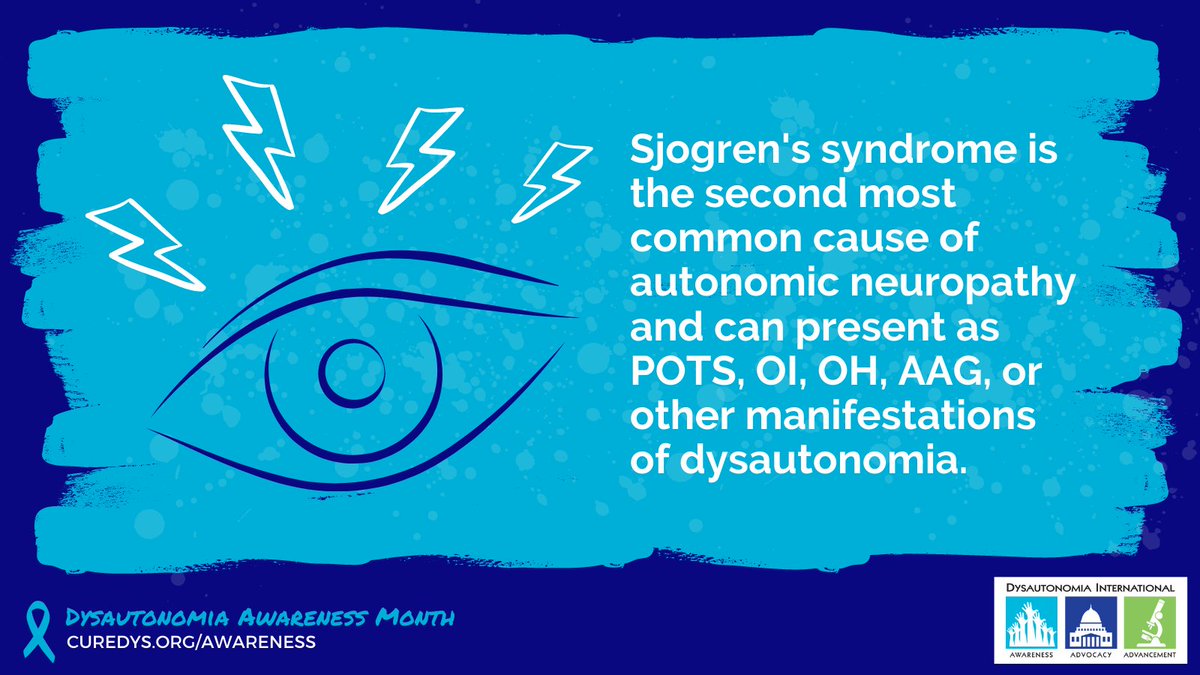 It's #DysautonomiaAwarenessMonth! Sjogren's is the second most common cause of autonomic neuropathy. If you have chronic dry eyes or dry mouth, and a form of dysautonomia, we encourage you to talk to your doctor about getting screened for Sjogren's syndrome.