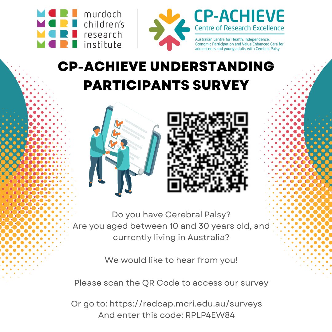 Our CP-Achieve Understanding Survey is now live!

The survey will help us to learn more about the demographic and clinical characteristics of young people with CP. We hope that this survey will help us better design our research and inform our future work: redcap.mcri.edu.au/surveys