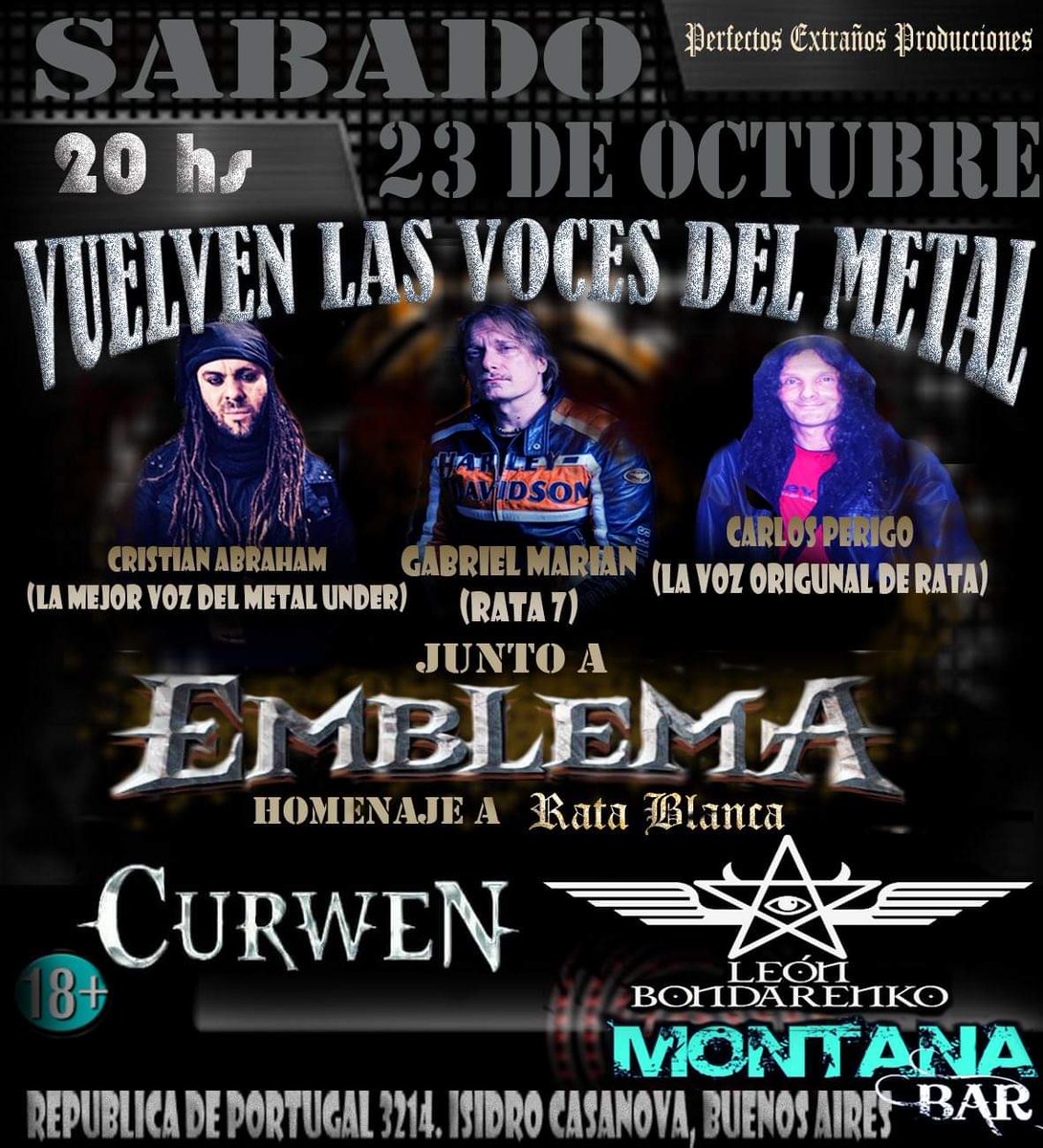 Volvemos al ruedo 
La cita es el #23deoctubre 
En #Montanabar de #isidrocasanova junto a #Emblema y las Voces de <a href="/RataBlanca3/">Rata Blanca</a> 
Capacidad limitada
Entrada anticipada $800
Los esperamos 
#HardRock #Speedmetal #HeavyMetal #powerMetal 
#Curwen