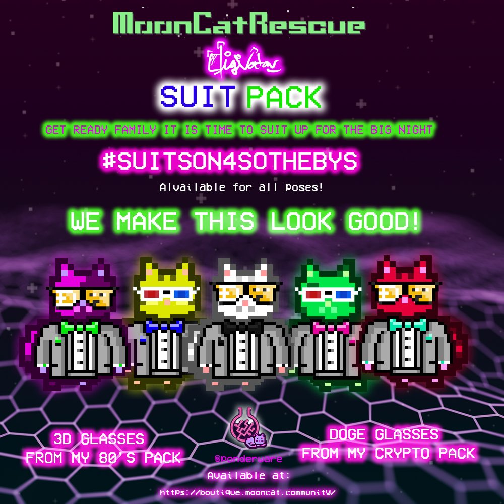 Digivatar's tweet photo. People suit up your cats for this weeks auction! #WeMakeThisLookGood #MoonCats https://t.co/1jb9d1Np9g @ponderware @mooncatrescue https://t.co/1Pc75ikpUW