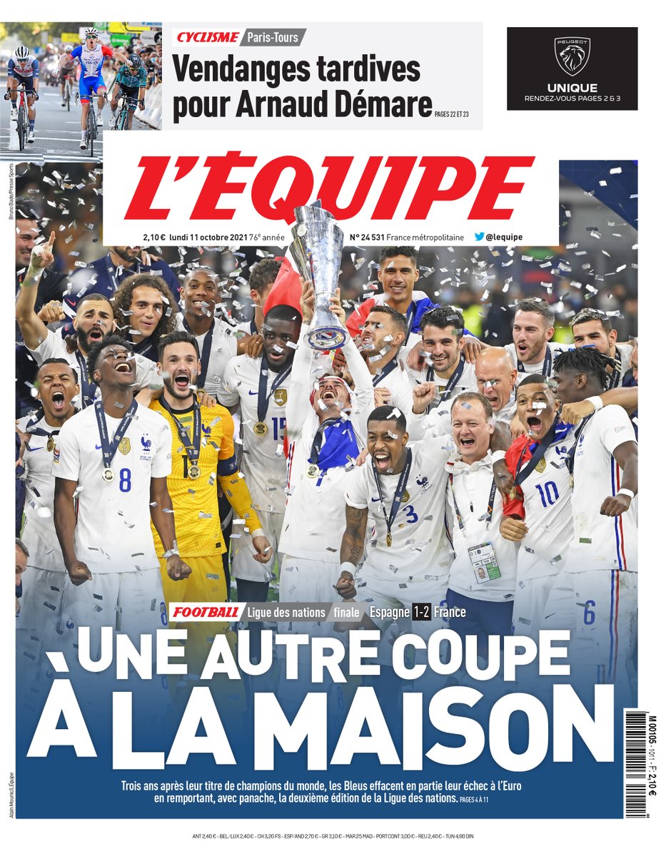 lequipe's tweet photo. 🗞 Une autre coupe à la maison

La une du journal L'Équipe du lundi 11 octobre #ESPFRA https://t.co/OMjIWjU5UR