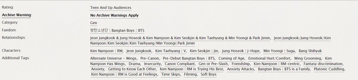 you need to believe your aching mind
wc: 28.4k| 7/7 | <a href="/NamjoonFest/">namjoon fest - author reveals!</a> | archiveofourown.org/works/33280903…

🪶 pre-debut
🪶 winged!NJ
🪶 coming of age, hurt/comfort, anxiety
🪶 Gen or pre-slash ot7
🪶 Kim NJ centric