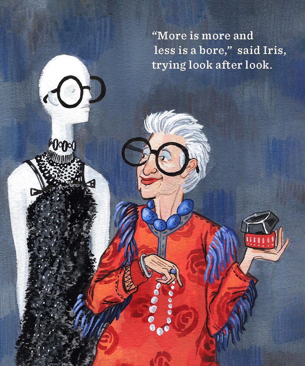 r_dougherty's tweet photo. This weekend I attended @SCBWIEastPA’s illustrator day and got to show off these Iris Apfel pieces. It was such a blast painting her, it would be an absolute dream if this was a real book. If I think it hard enough while doodling aggressive accessories, maybe I can manifest it? https://t.co/PcOr1rfIeR