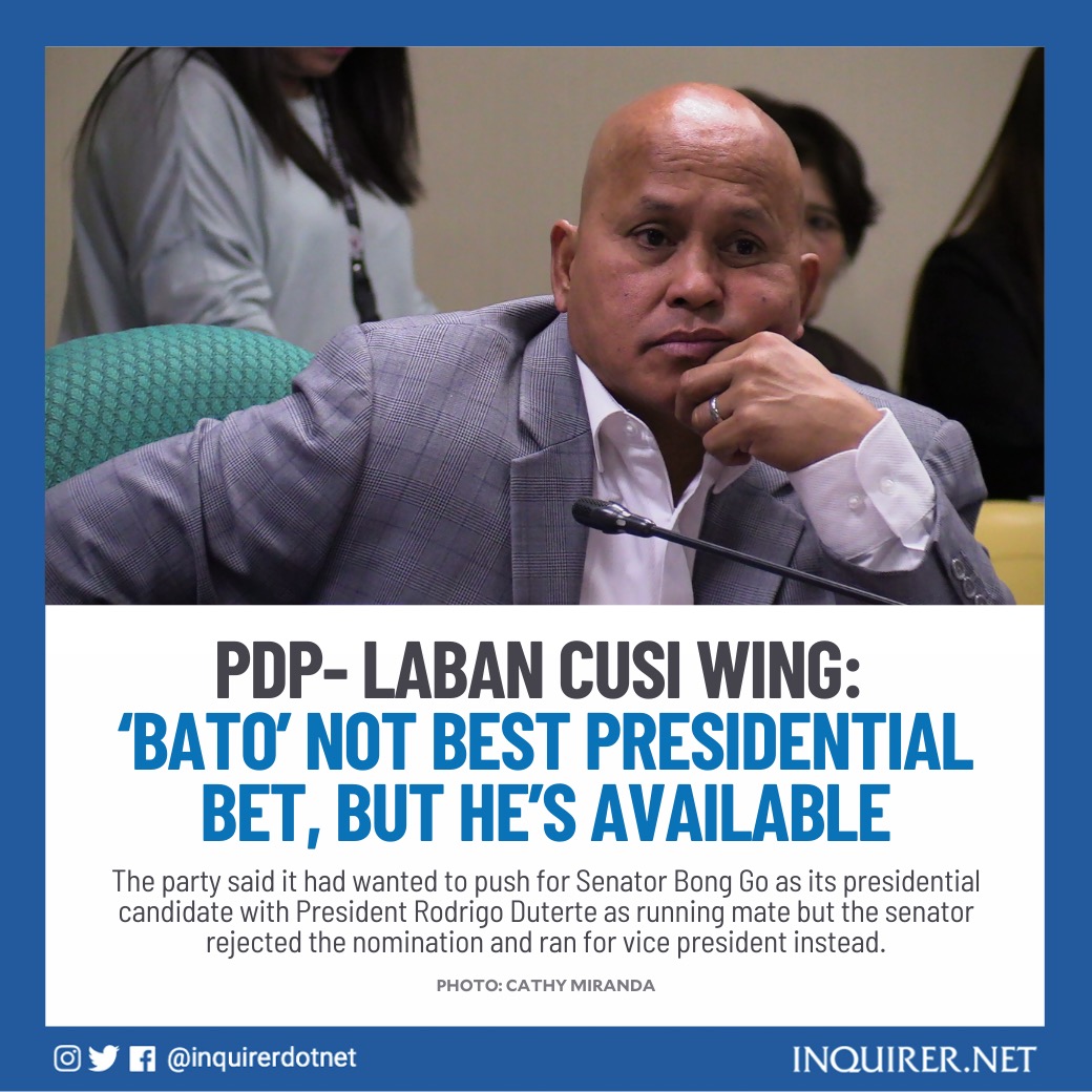 inquirerdotnet's tweet photo. 'NOT THE BEST, BUT AVAILABLE'

The PDP-Laban- Cusi faction admitted that its chosen standard bearer, Senator Ronald “Bato” dela Rosa is not the best it can offer as presidential candidate but he is the one available.

Read more: https://t.co/J9T5I6KhMy https://t.co/6xfVH4JibO