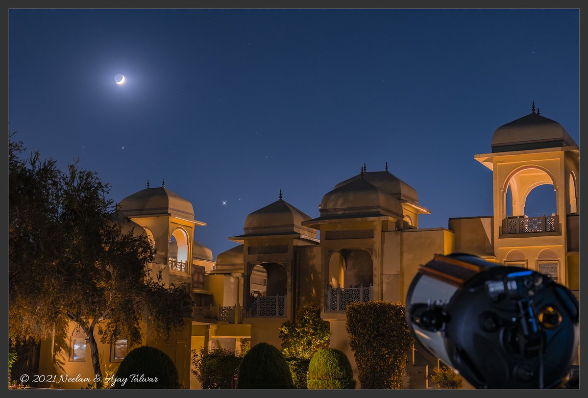 Heralding the arrival of Clear Blue Skies. The monsoon has receded around Delhi NCR.

Moon, Venus, Antares and a few other stars of Scorpius and not a cloud in sight.
The 14-inch telescope looking towards the view.
Location - Heritage Village Resort, Manesar.