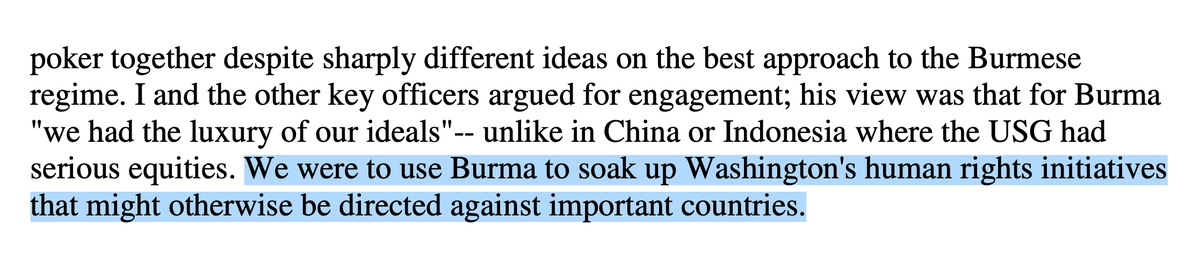 pwinn5's tweet photo. Don't take my word for it. A former top US diplomat in Myanmar during the '90s once bluntly said:

"We were to use Burma to soak up Washington's human rights initiatives that might otherwise be directed against important countries." (4/8)

Source: https://t.co/5d6BOJhxKd https://t.co/cQOTPcr2ow