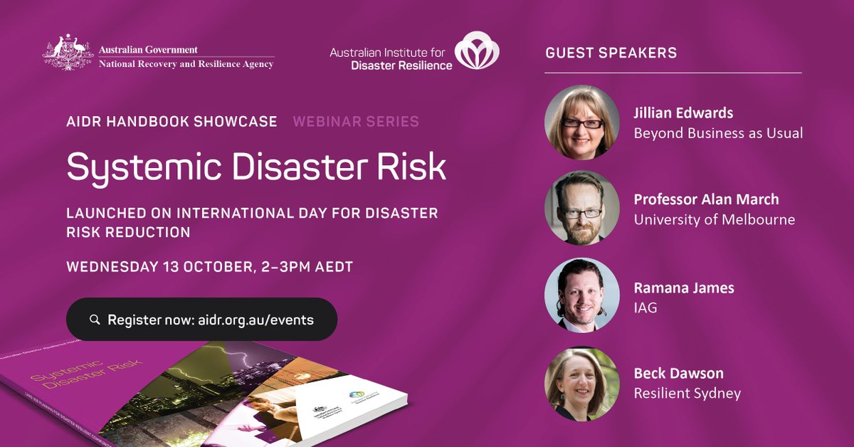AIDR_News's tweet image. Join us this Wednesday on the International Day for Disaster Risk Reduction for the webinar launch of the Systemic Disaster Risk Handbook, with guest speakers @Jill_Edwards, @beck4eco,  Prof Alan March @UniMelb and Ramana James @IAGAust

Register: aidr.org.au/events/31271?l…