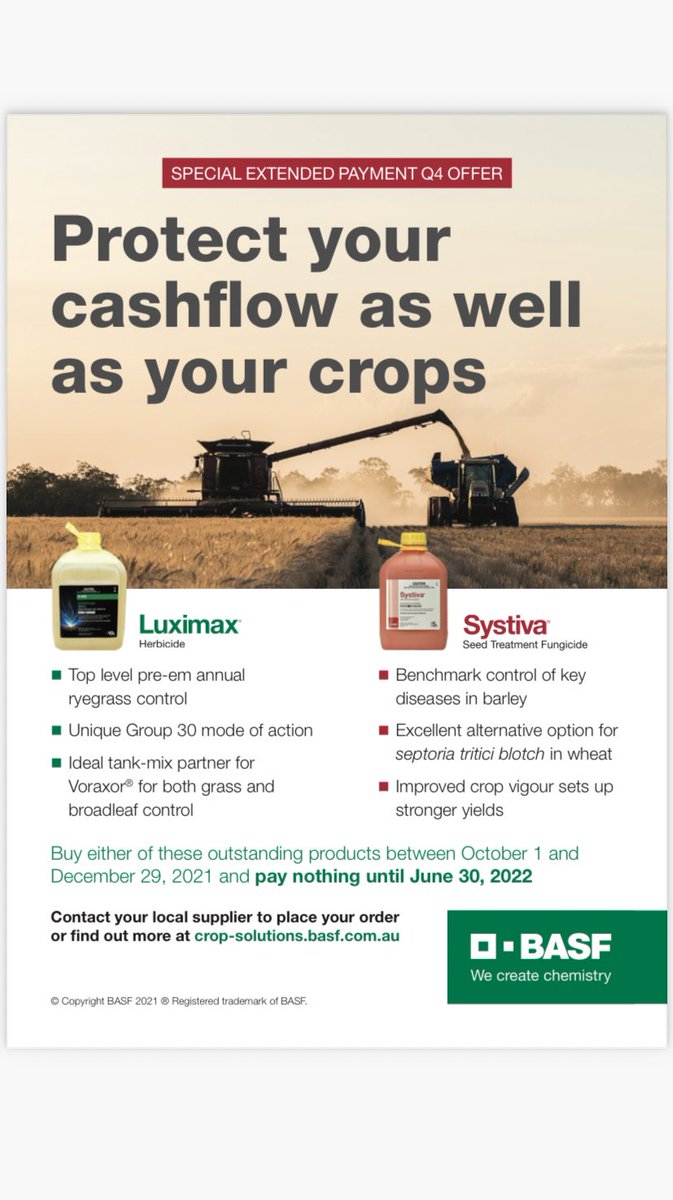 ash_knight89's tweet photo. @BASF_Agro_Au #GrowerOffer #Luximax #Systiva Buy either of these products between Oct 1 - Dec 29 2021 and pay nothing until June 2022!!Contact your local supplier to place your order and secure your volume for 2022 season! https://t.co/rMwVt1FyJ8