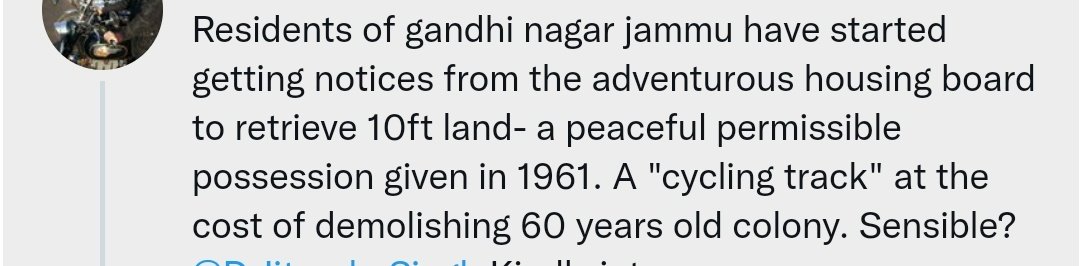gaurangssgs's tweet photo. @manojsinha_ Sir, kindly look into this matter since residents of gandhi nagar jammu are in trauma now with fear of loosing their homes built with their hard earned money only at the cost of building a cycling track which can be built at other places like channi or trikuta nagar. https://t.co/on8wqd5E4B