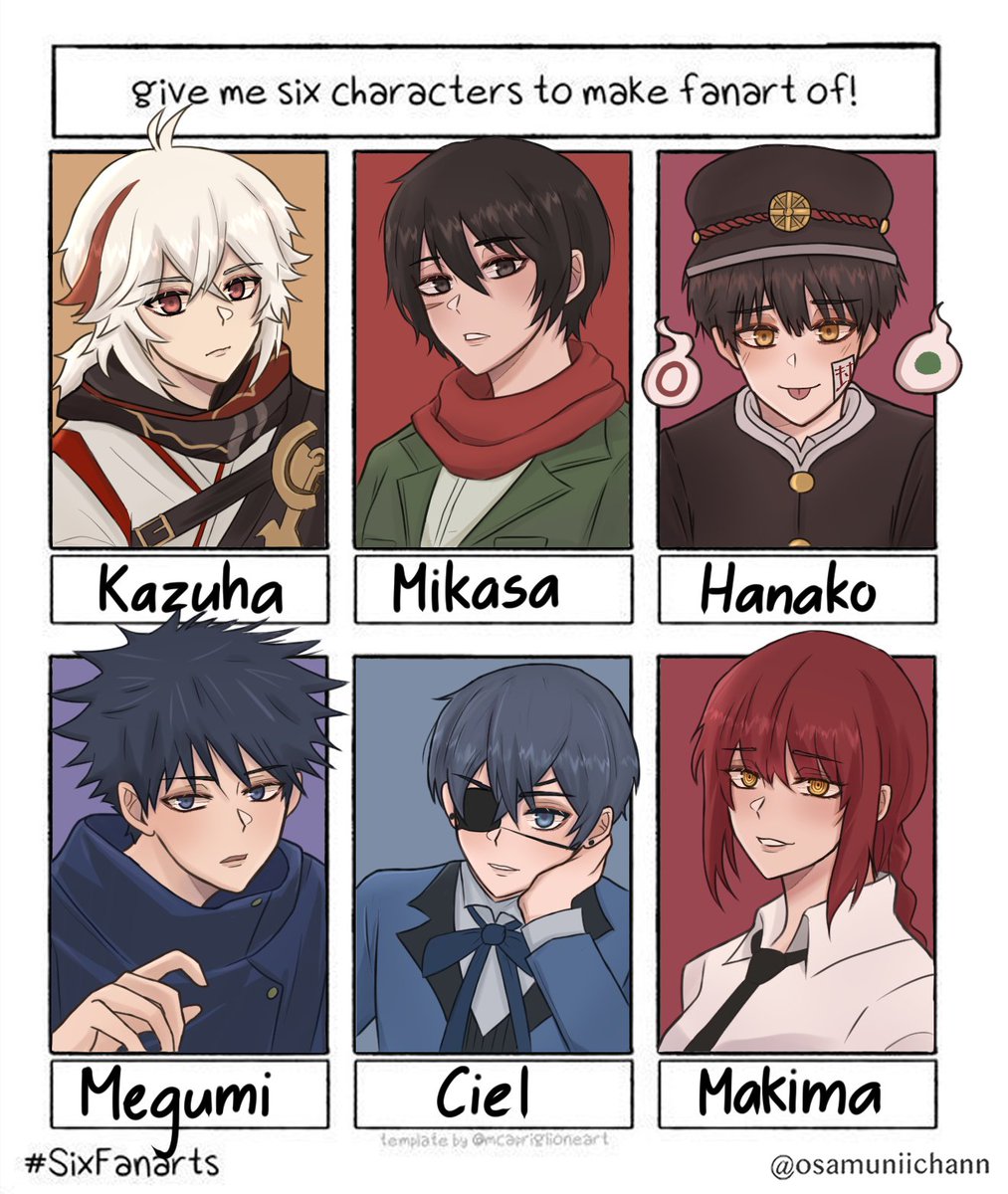 sooo i wanted to try out the six fanarts challenge- #SixFanarts #GenshinImpact #aot #tbhk #jjk #kuroshitsuji #csm #kazuha #MikasaAckerman #Hanako #megumifushiguro #ciel #makima 