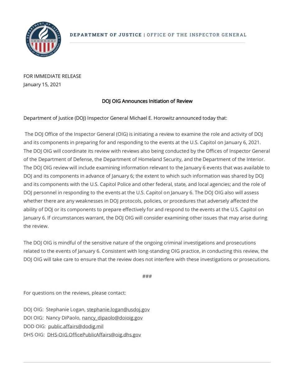 MuellerSheWrote's tweet photo. Sometimes I wonder if people know that DoJ IG along with DoD, DHS and DoI inspectors general have been investigating the insurrection since 1/15, and DoJ IG has been investigating DoJ officials that tried to overturn the election results since 1/25. https://t.co/apqebqLhZC
