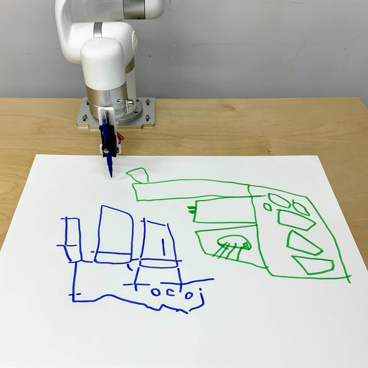 roberttwomey's tweet photo. Three Stage Drawing Transfer (2021) between a GAN, robotic arm, and five year old child.
From RSS 2021 Workshop on Robotics x Arts.
Inspired by D.Oppenheim's 1971 project.
#communing with #machines #robots #machinelearning #generativeart #childrensart #dennisoppenheim #creativeai https://t.co/RJ3fRHPsF9
