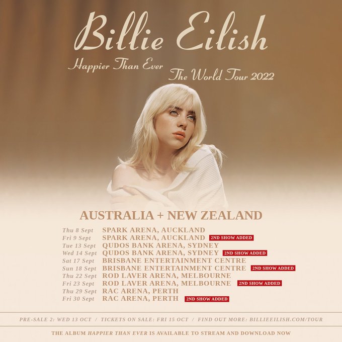 Due to overwhelming demand, Billie has added second shows for each city on the Australia & New Zealand