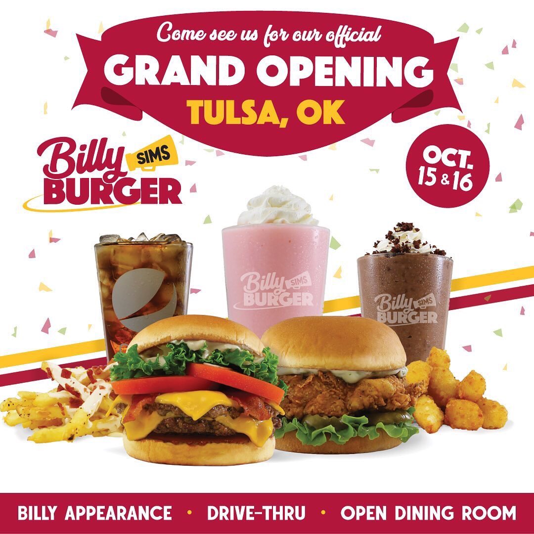 RealBillySims's tweet photo. Are you as ready as I am for @billysimsburger to open Friday in #Tulsa, OK!? Come see me Oct. 15 & 16 for autographs & enjoy our made-fresh-to-order homestyle burgers. More info coming this week! ADDRESS ➡️ 1941 S Yale Ave #billyburger #billysimsburger #billysims https://t.co/xr4XINik6D