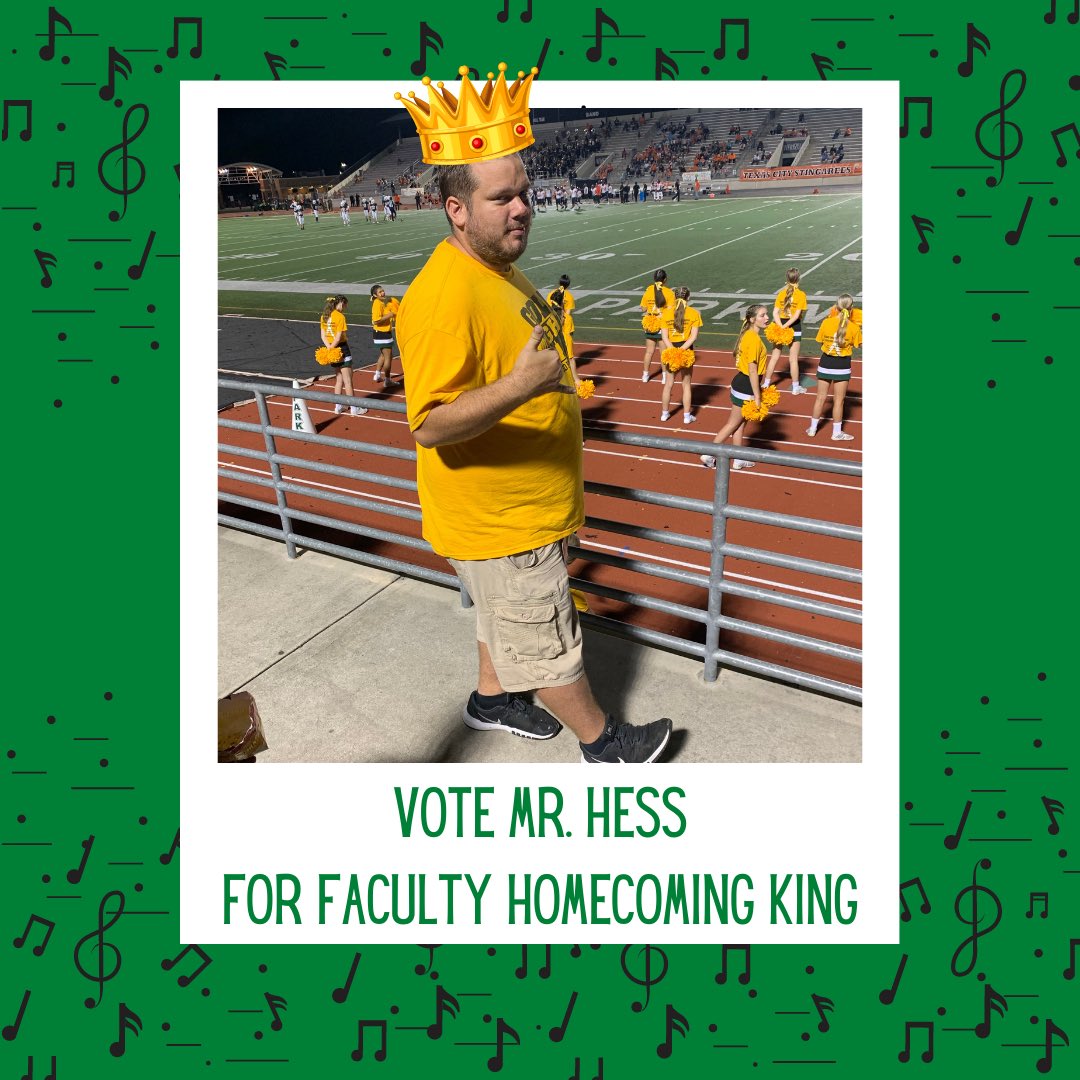 KPBandOfficial's tweet photo. Homecoming 2021 is finally here! ππ€ Bring your cash to vote for our very own Mr. Hess for Faculty Homecoming King! πWhy? Because HESS IS BEST! Please retweet! #MakeItRain π΅ #HessForHomecomingKing π #HessIsBest π πΆ @HumbleISD_KPHS @band_kms https://t.co/Bi0SmzG0GV