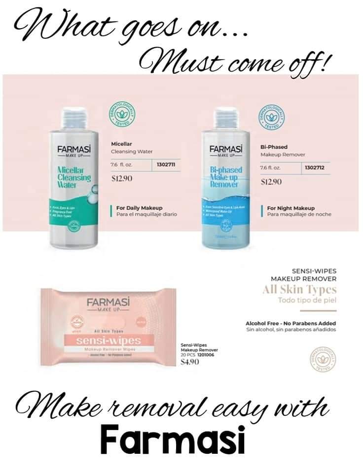 Ashley Foster on Twitter: "Try our face cleansers..... ✨Micellar Cleansing  Water ✨Bi-Phased Makeup Remover ✨Sensi-Wipes Makeup Remover Wipes #Farmasi  #makeupwipes #facecleanser #facialcleaner https://t.co/kJLehkLuiO" / X