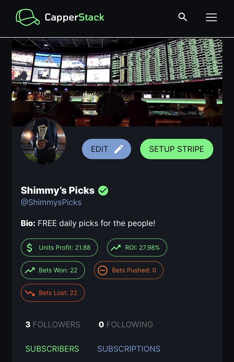 ShimmyPicks's tweet image. Updated look at our capperstack profile after today’s 5u winner! Create a free account and follow me for free daily picks! Get this to 40 Retweets/Likes and i’ll drop a SGP for tonight’s game capperstack.com/cappers/shimmy…