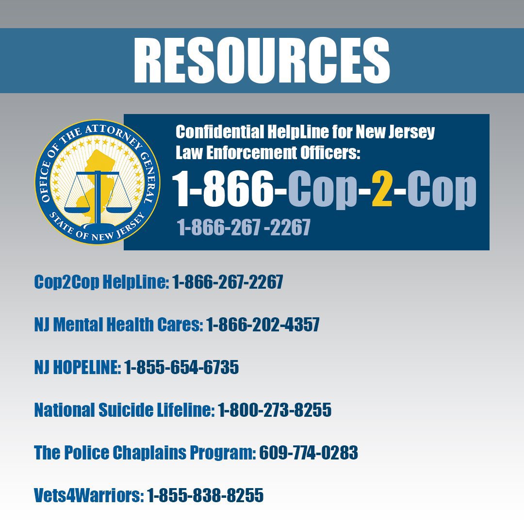 NewJerseyOAG's tweet photo. 2 years later, we honor this promise by continuing to give our officers the tools they need to combat the stresses of modern policing.

If you or someone you know is struggling, please use the resources below. https://t.co/HakxsfESd9