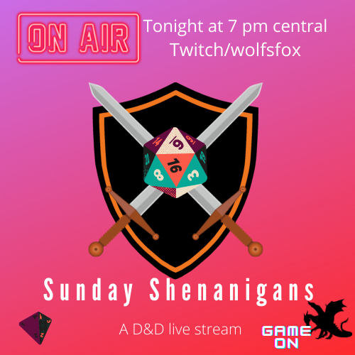 Come and watch us as we are going live on Twtich!  It's time for the next episode of Sunday Shenanigans. Join in the Dungeon Fox Chronicles game through Dragon of Icespire Peak. Hope to see you soon!
twitch.tv/wolfsfox
#ttrpg #ttrpgfamily #twtichstream #dnd