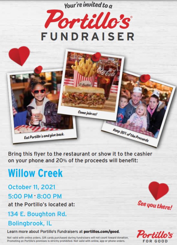Tomorrow - 10/11/2021. Portillo’s. Be there. 5pm-8pm. 134 E Boughton Rd. #willowcreek68pto #portillos