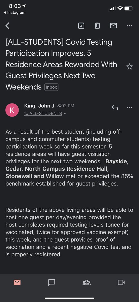 BREAKING: Students living in Bayside, Cedar, NCRH, Stonewall and Willow will be allowed one guest per day for the next weekends.