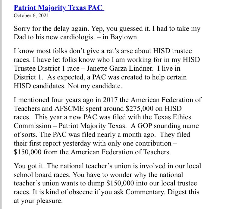 Did you know that large amount of special interest money is poured into our local HISD campaign races? 

Visit votematias.com to learn more

* bit.ly/3Bv4Z2r

** bit.ly/3asqipc

Link to see who is donating: houstonisd.org/Page/188048
#hisd
@houstonisdwatch