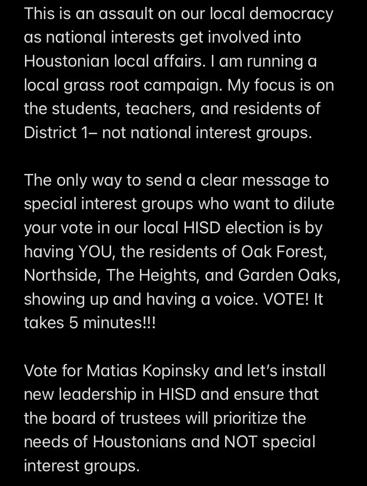 MatiasForHISD's tweet photo. Did you know that large amount of special interest money is poured into our local HISD campaign races? 

Visit https://t.co/aRwrrw1YkR to learn more

* https://t.co/d1fBeM0t5E

** https://t.co/Yk38wdmGKJ

Link to see who is donating: https://t.co/1RVTWGiYc1
#hisd
@houstonisdwatch https://t.co/z0k3AIozDO