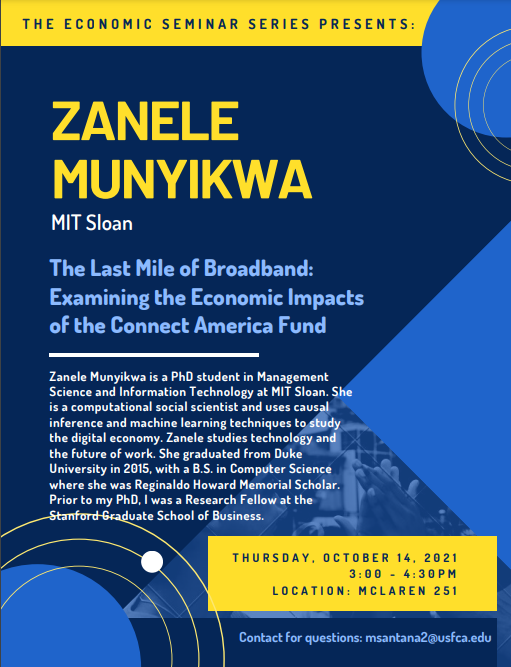 IDEC_usfca's tweet photo. It is no longer news that the global landscape has gone digital. Economists and social scientists alike are beginning to use causal inferences and machine learning techniques to study the digital economy. Meet Zanele Munyikwa, PhD student at our #ESS this Thursday, Oct. 14, 2021. https://t.co/UleNRr1jEH