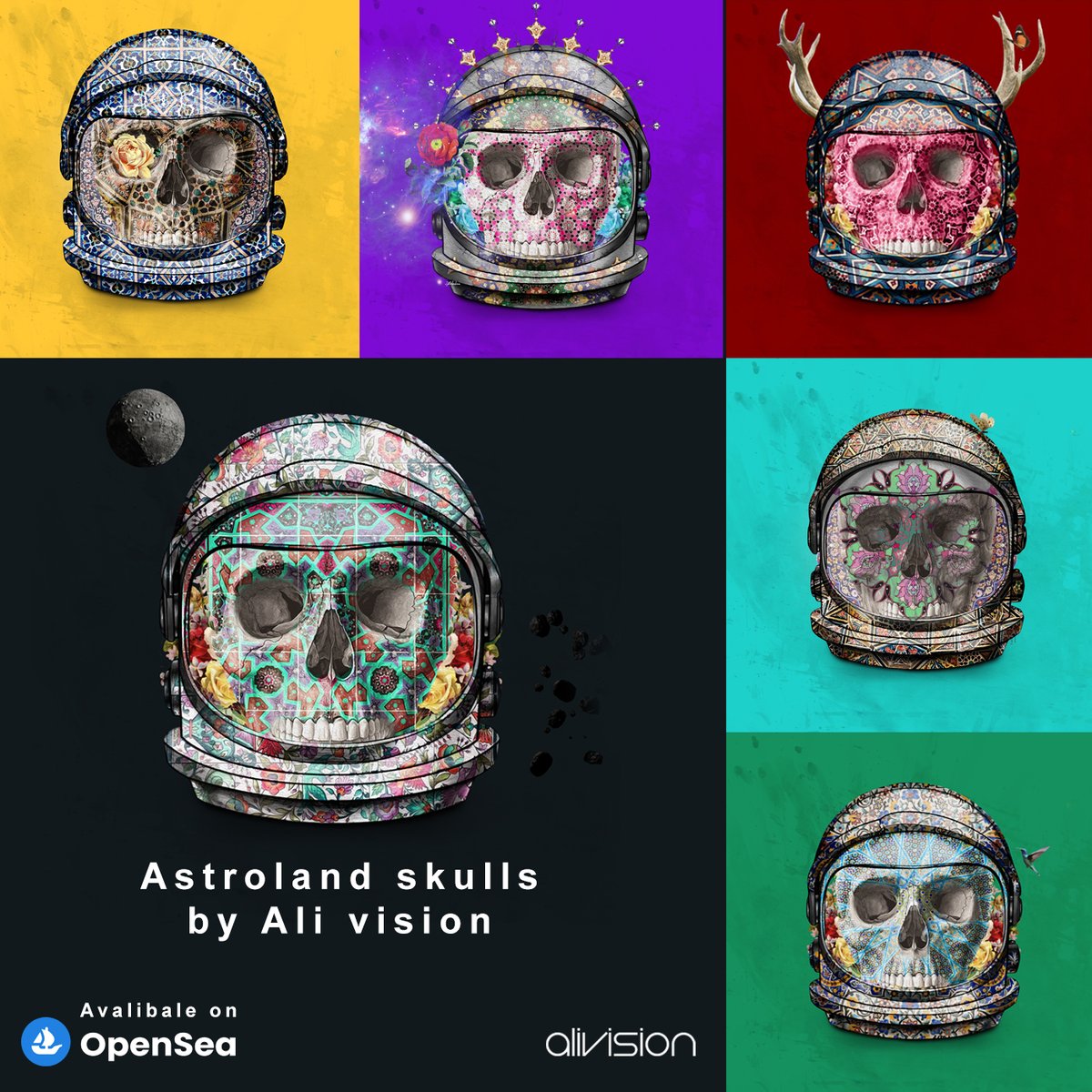 AlivisionA's tweet photo. "Astroland skulls " mix media by Ali vision 💀🔴🟢🔵🟣🟠 
new collection 
avalibale on @opensea 

https://t.co/PuQ2cjM0nj

#NFT #NFTCommmunity #NFTcollection #nftopensea #nftcollectors https://t.co/UlwMvRHr4E