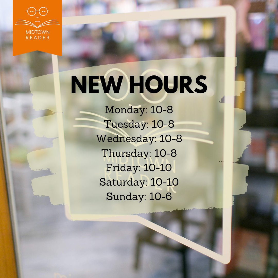 midtownreader's tweet photo. **NEW STORE HOURS**
The big news is that we're staying open until 10pm on Fridays AND Saturdays now (and so is our roomie @argonautcoffee) so you can browse, buy, read, and sip the night away.
Can you say "perfect evening?"
#midtownreader
#shoplocal
#tallahassee https://t.co/br4JmXfpPd