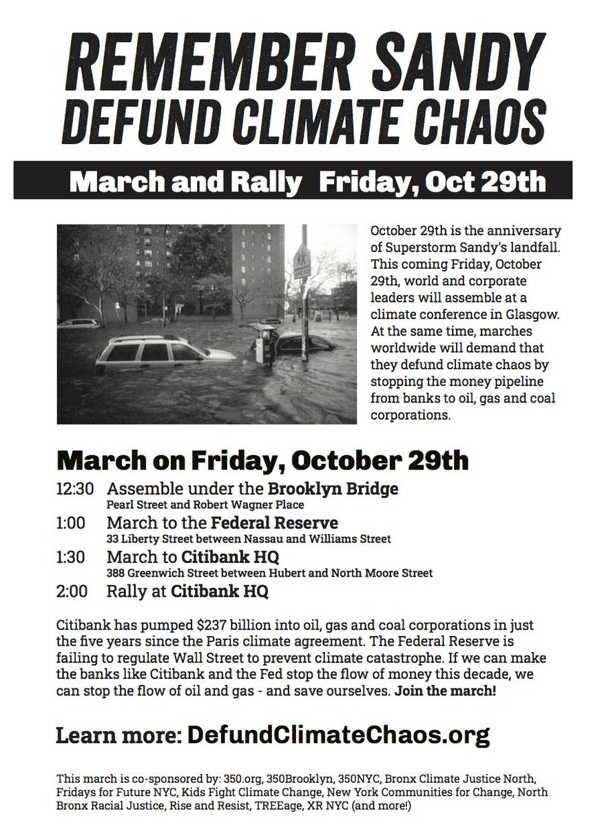 nychange's tweet photo. On Oct 29 it will be superstorm Sandy’s 9th anniversary.
Join the march to #RememberSandy and #DefundClimateChaos
We’re coming for you
@Citibank and @FederalReserve
RSVP to march here: https://t.co/1P9DTVVnbn https://t.co/kI56ueBIPd