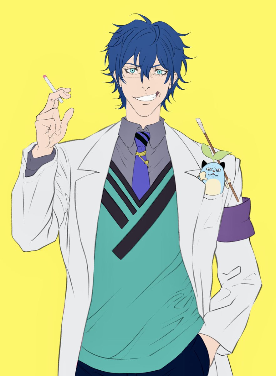 1boy male focus blue hair hand in pocket necktie smile labcoat  illustration images