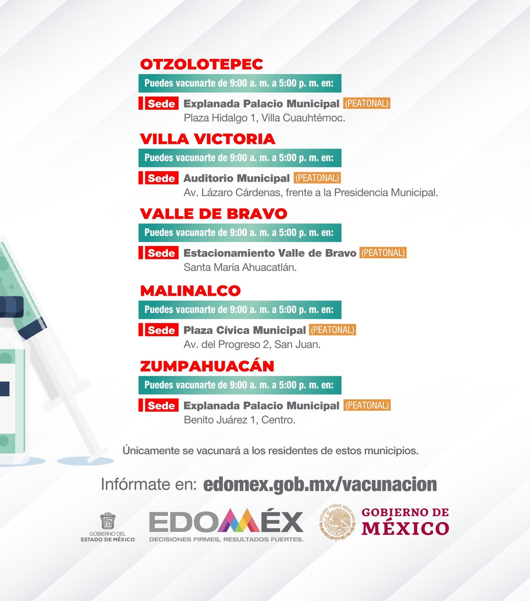 alfredodelmazo's tweet photo. Del 11 al 13 de octubre estaremos aplicando la primera dosis a personas de 18 a 29 años y mujeres embarazadas en #Otzolotepec, #VillaVictoria, #ValleDeBravo, #Malinalco y #Zumpahuacán. #EstrategiaDeVacunación https://t.co/Z0nh6INQmH