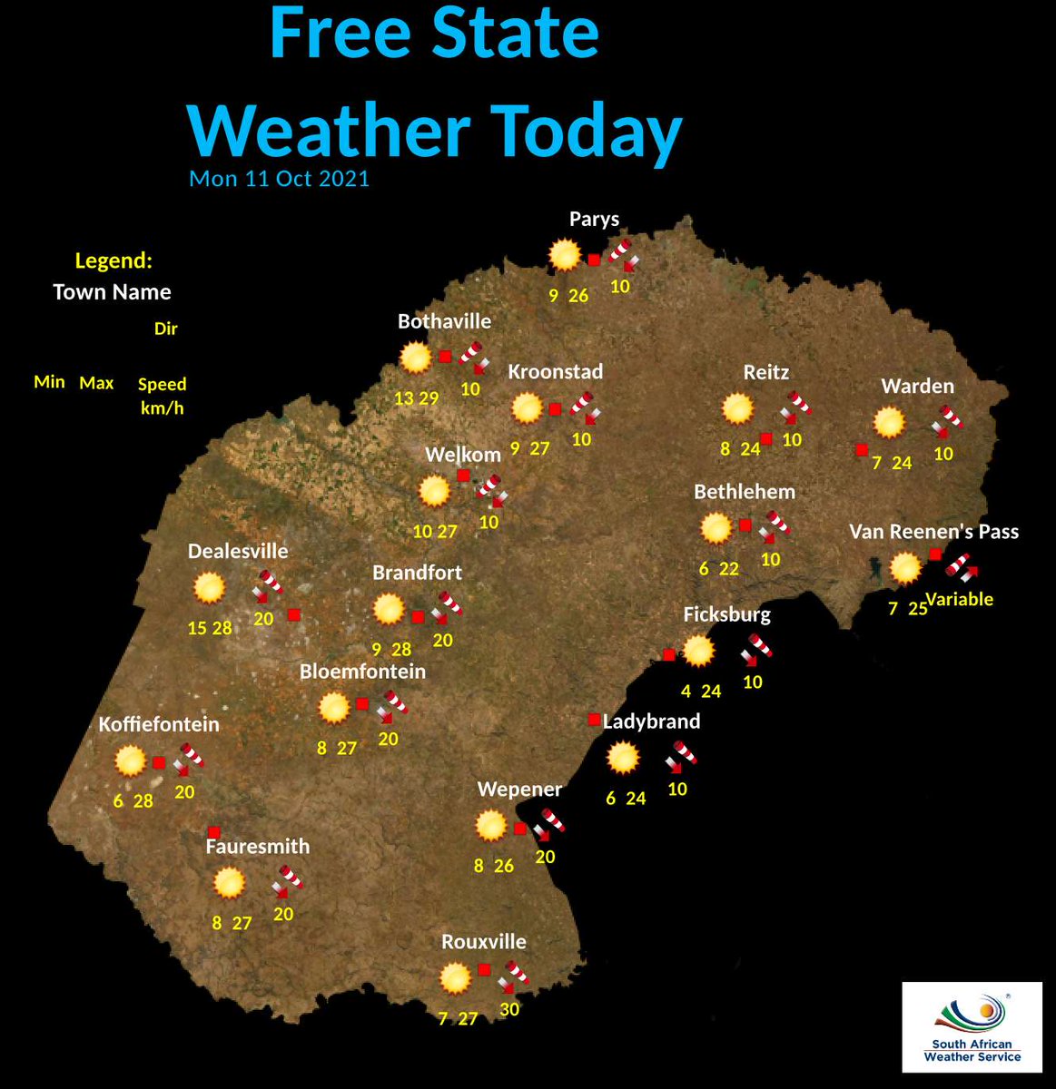 SAWeatherServic's tweet photo. Free State Today 's Weather overview: 11.10.2021 https://t.co/Q9wuXePQLV