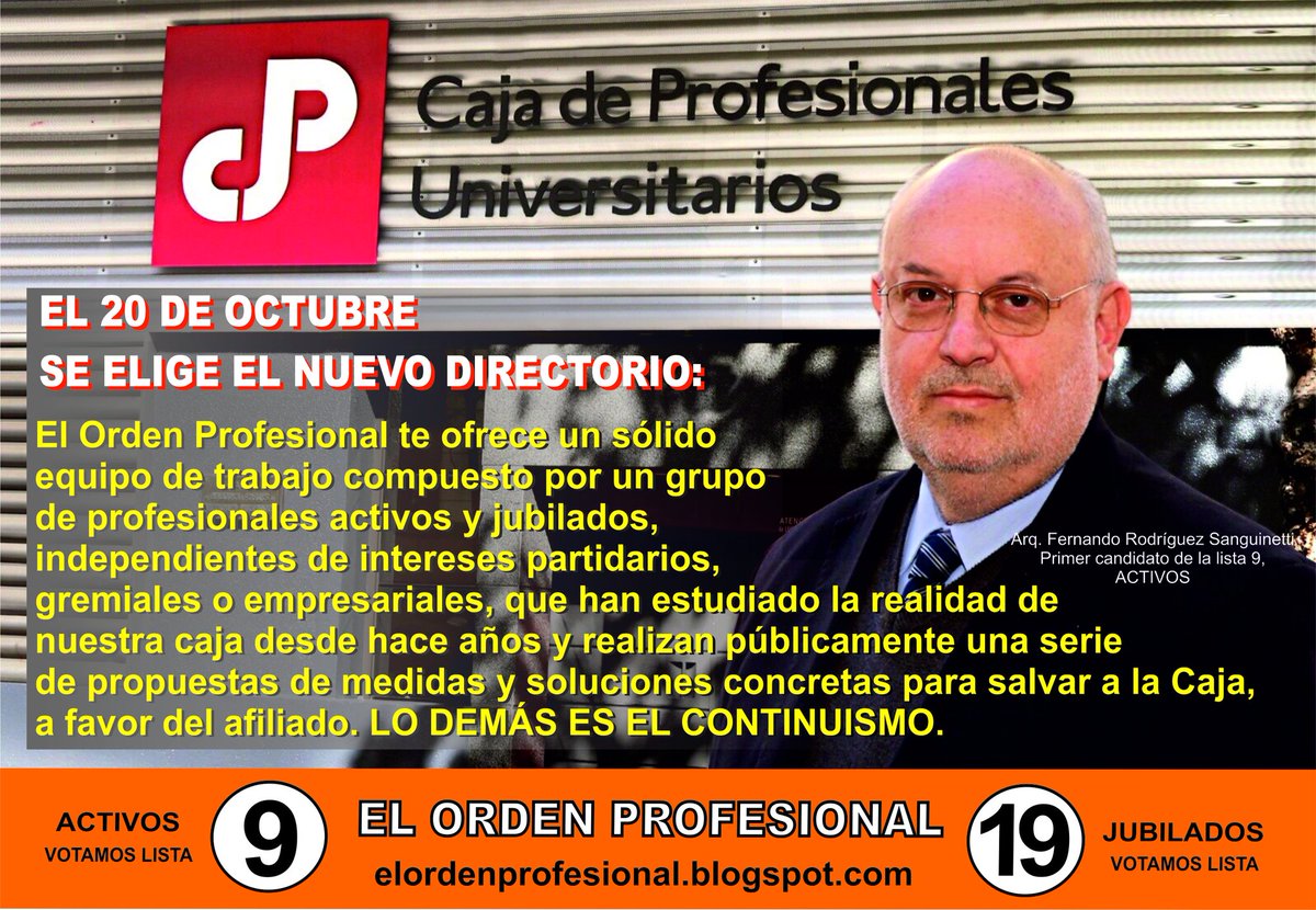 elordenprofesi2's tweet photo. El miércoles 20 de octubre se elige el nuevo directorio de la Caja de Profesionales, la cuestión es entre el CAMBIO real y el CONTINUISMO corporativo gremial/empresarial que nos llevó al desastre actual. https://t.co/T5Nc1f3dqm https://t.co/3hXgDP6cXh