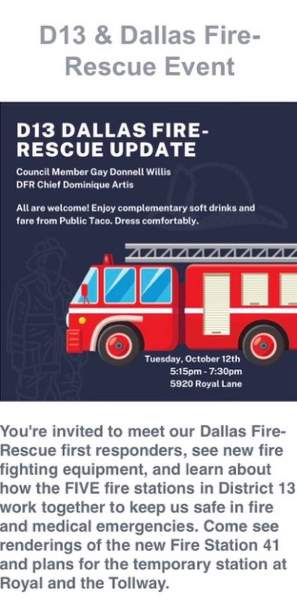 GayDWillis13's tweet photo. D13 residents are invited to Taco Tuesday with @DallasFireRes_q October 12.  Come learn about how DFR covers our district! https://t.co/eZayqaaHu1