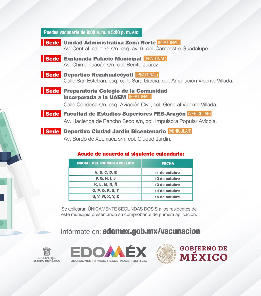 alfredodelmazo's tweet photo. Del 11 al 15 de octubre estaremos aplicando la segunda dosis a los adultos de 30 a 39 años en #Nezahualcóyotl. #EstrategiaDeVacunación https://t.co/4HleVg3DUY