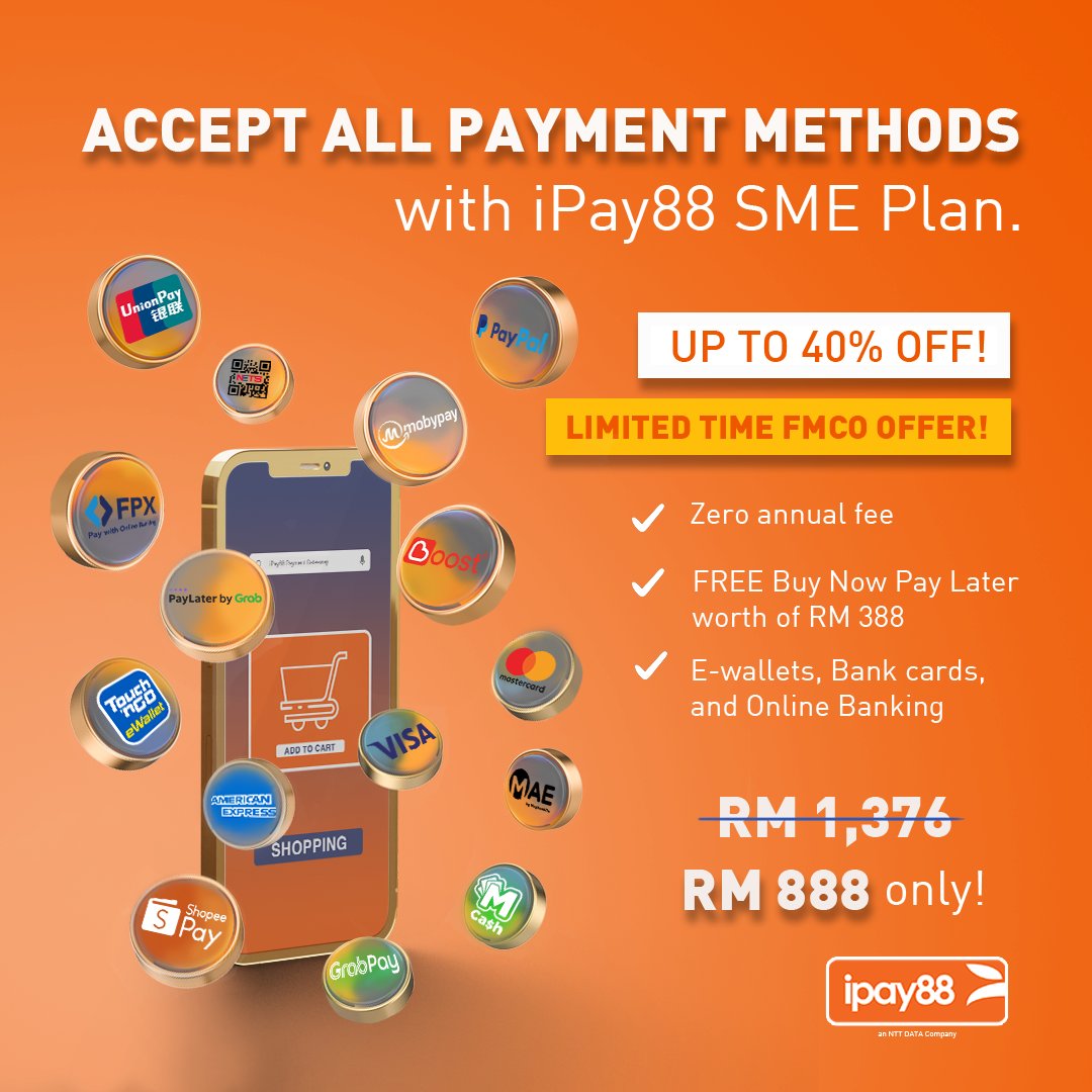 ipay88's tweet photo. What if we say our FMCO offer for payment gateway is just RM 888?
😍😍😍

Accept all payment methods by integrating with our iPay88 payment gateway with this FMCO offer.

 FMCO Offer plan comes with:-

✅ Zero annual fee
✅ FREE Buy Now Pay Later (worth RM 388)

#paymentgateway https://t.co/zbNU17UMUm