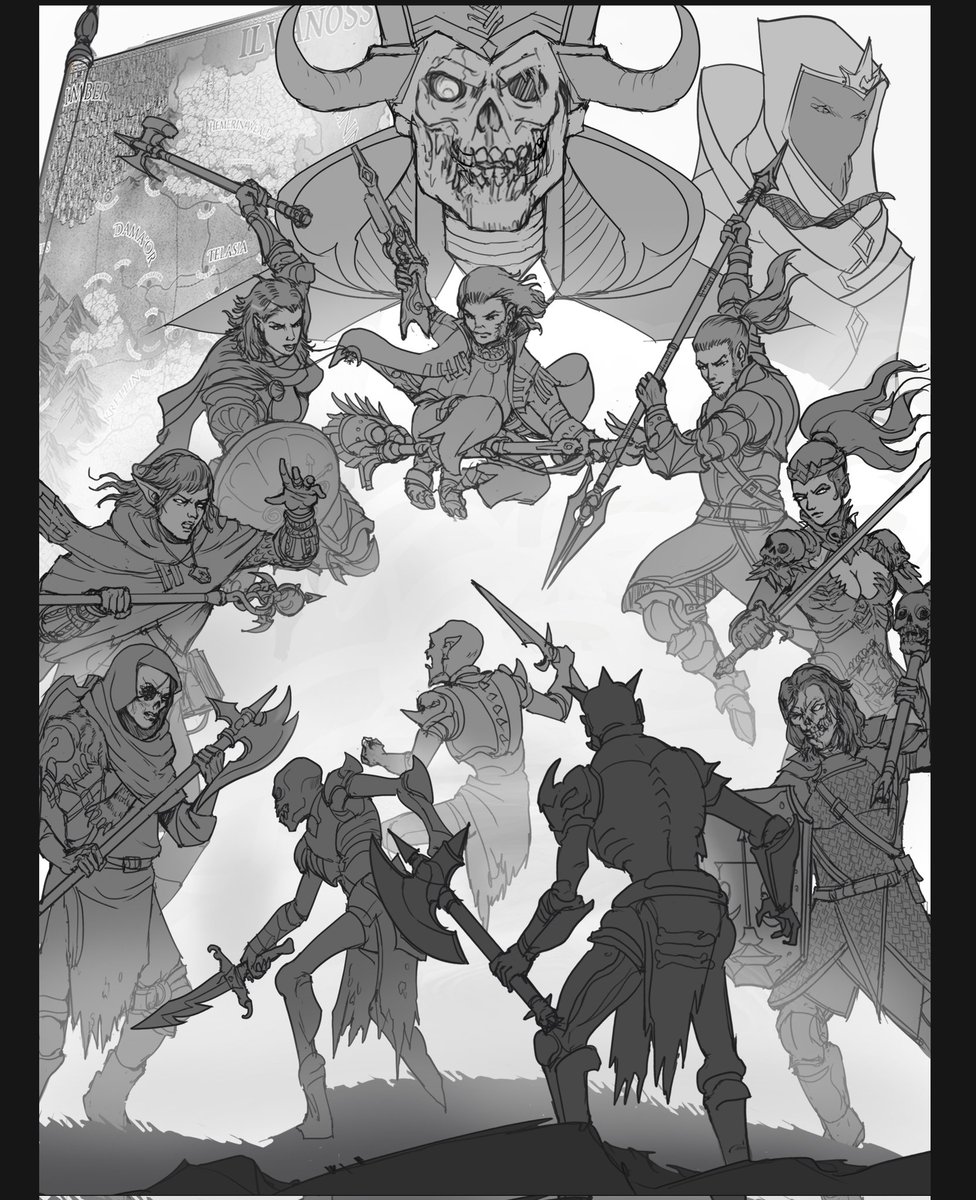 dnd_guru's tweet photo. Rough drafts came in for the party poster for the Ilvanoss Campaign. Gonna be many minor changes but we LOVE the look of this. #dnd5e #ilvanoss #TheUnavowed #dungeonsanddragons #DnDcharacter https://t.co/21BOPe5ySy