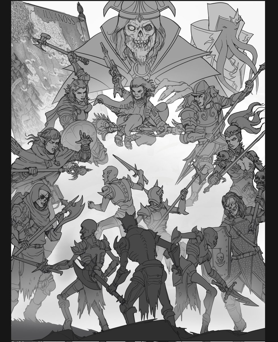 dnd_guru's tweet photo. Rough drafts came in for the party poster for the Ilvanoss Campaign. Gonna be many minor changes but we LOVE the look of this. #dnd5e #ilvanoss #TheUnavowed #dungeonsanddragons #DnDcharacter https://t.co/21BOPe5ySy