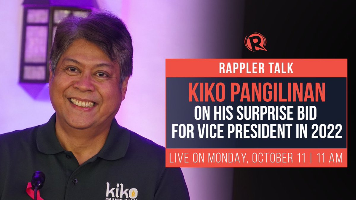 rapplerdotcom's tweet photo. Rappler's @maracepeda speaks with Senator @kikopangilinan, running mate of Vice President Leni Robredo in the 2022 polls. 

Watch the interview live this Monday, October 11, at 11 am! #RapplerTalk #PHVote #WeDecide https://t.co/73KQHunrfu https://t.co/sMvS50joVY